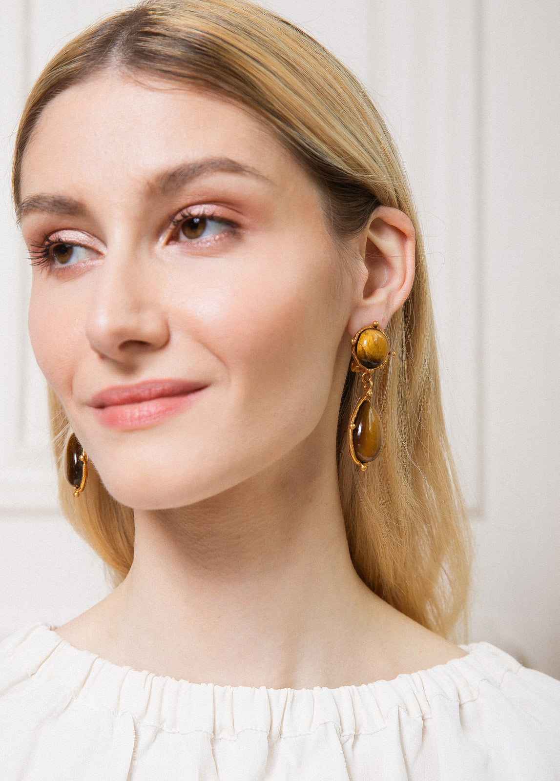 Tiger Eye 2 Pierres Dot Earrings