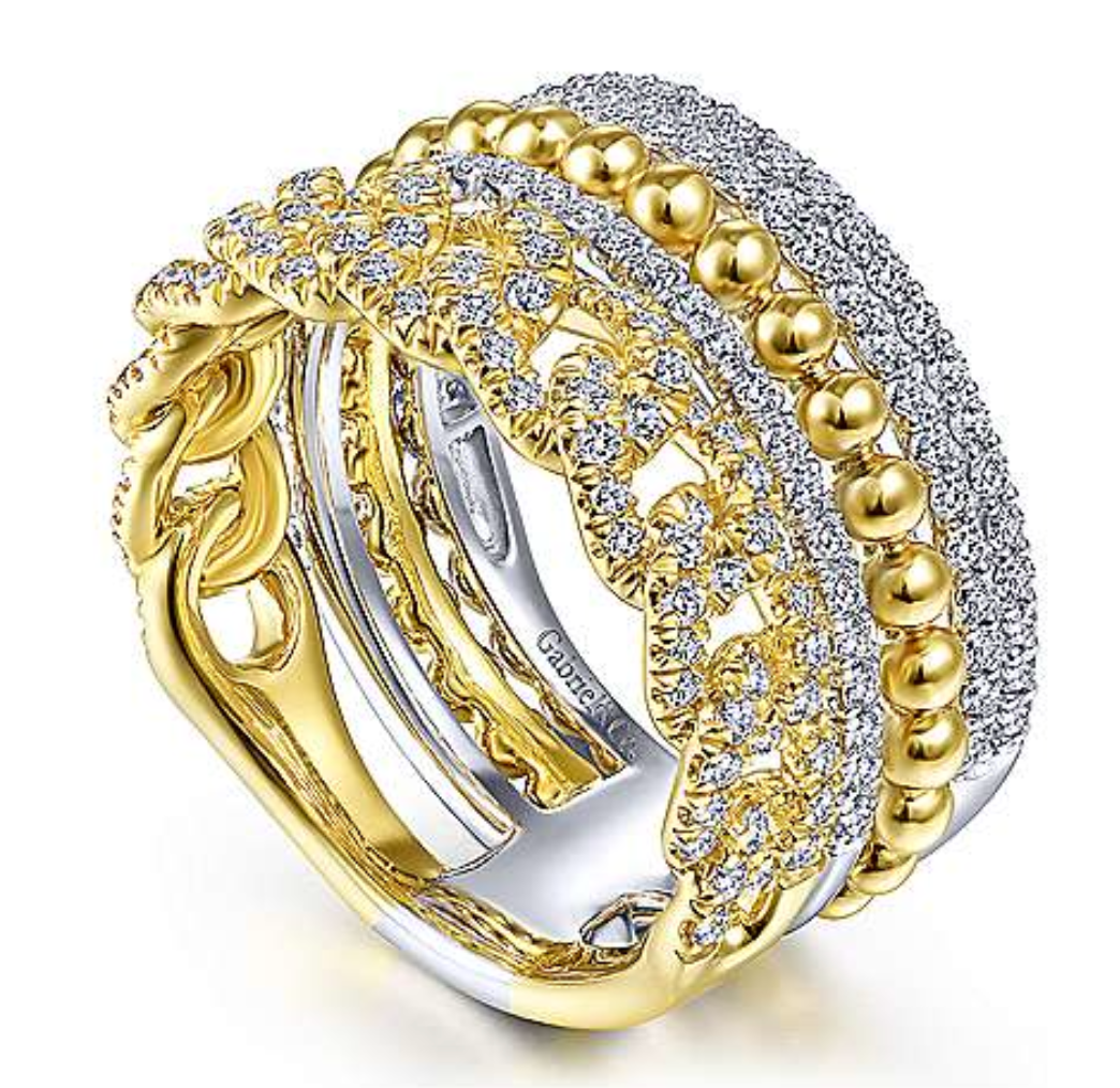 14K White-Yellow Gold Wide Band Layered Diamond Ring