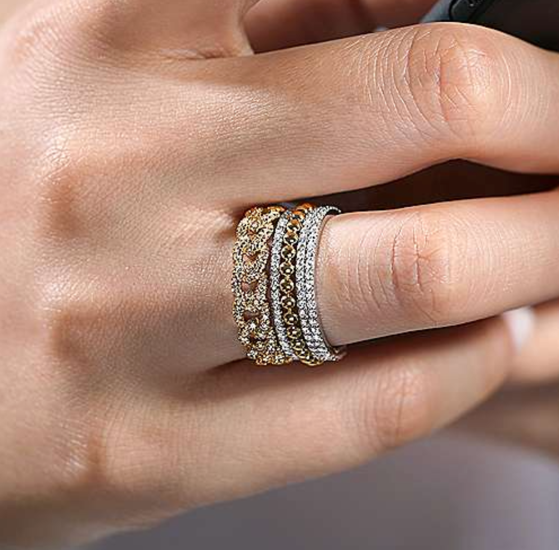 14K White-Yellow Gold Wide Band Layered Diamond Ring