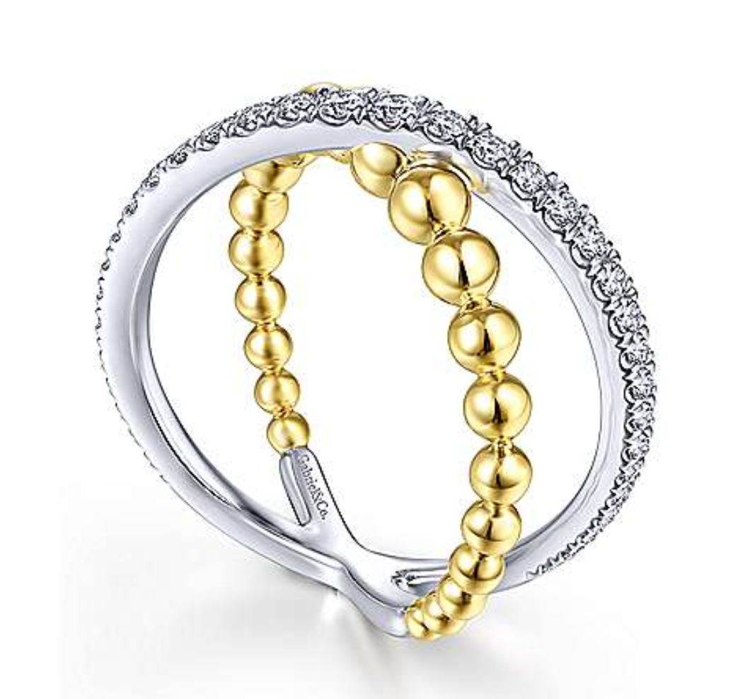 14K White-Yellow Gold Bujukan Diamond and Metal Bead Criss Cross Ring