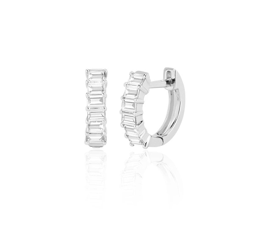 14K Prong Set Diamond Baguette Huggie Earrings